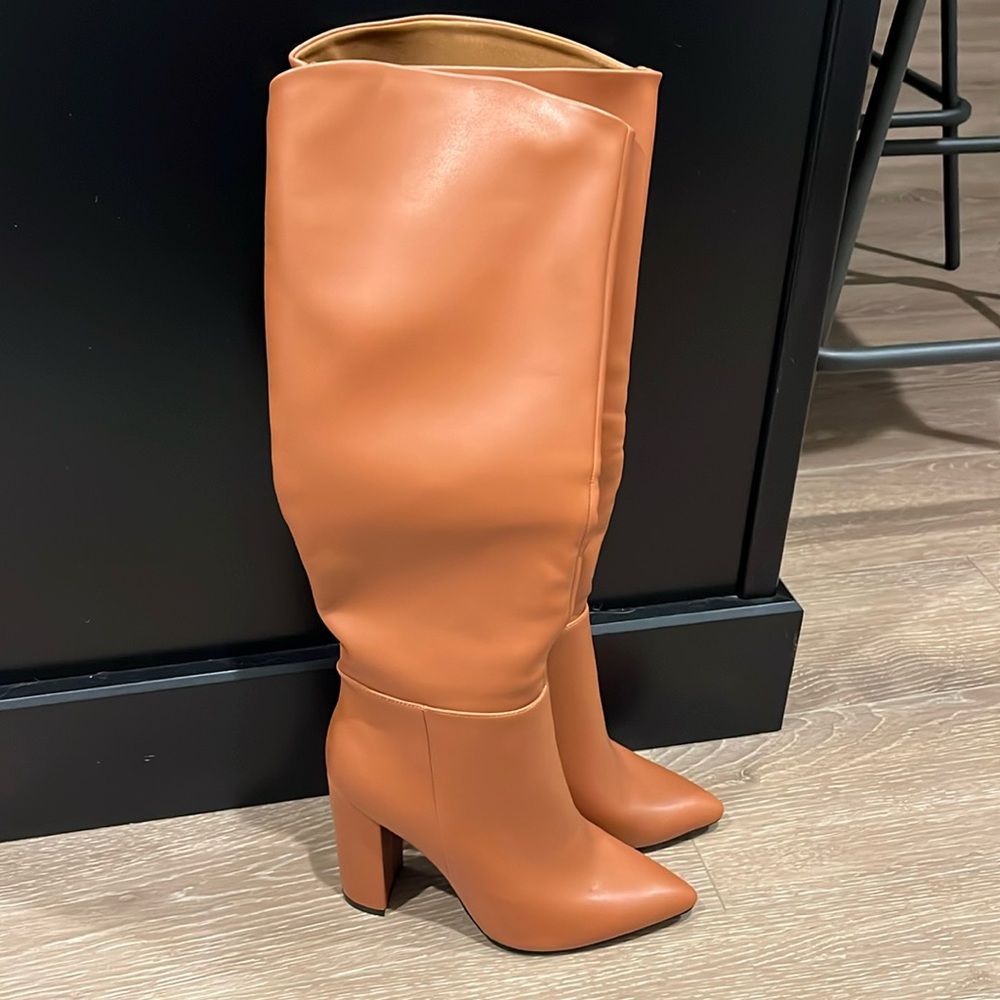 Cognac knee high boots